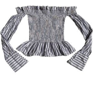 HIPPIE LAUNDRY WHITE AND BLUE STRIPED OFF THE SHOULDER PEPLUM LONG SLEEVE TOP